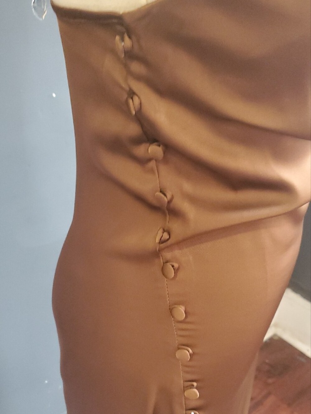 Chocolate Satin Slip Feel Slip Dress with Side Button Slit - Picture 5 of 17